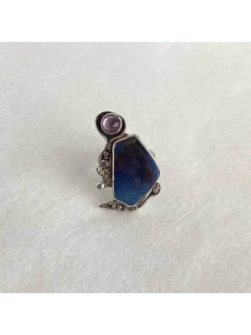Sterling Silver 925 Brutalist Modernist Amethyst & Agate Ring Adjustable 7.5 - 8